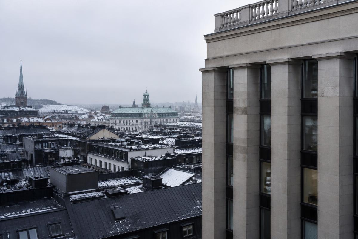 Stockholmer Dächer und eine Bürofassade an einem grauen Wintertag